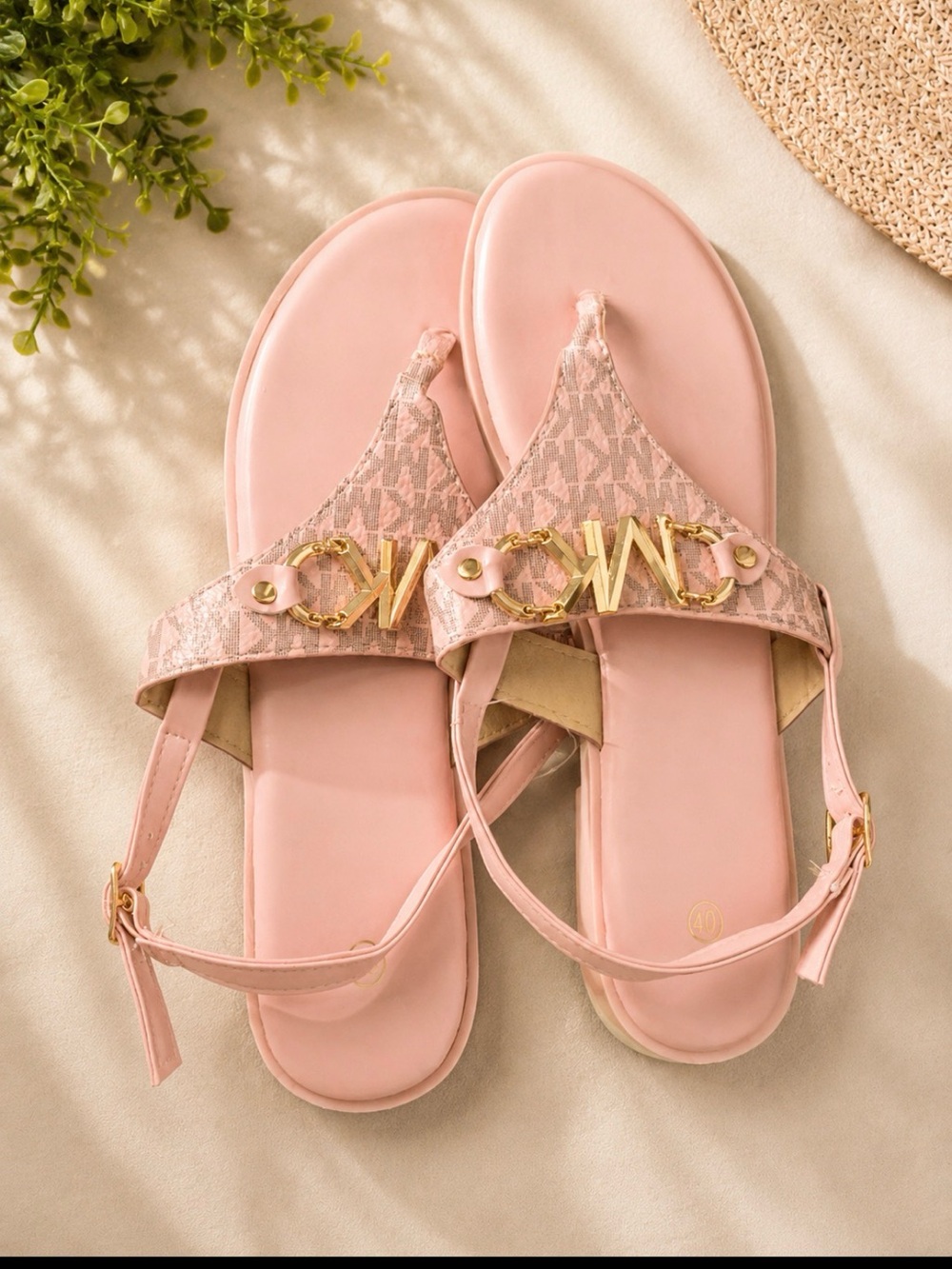 Blush Pink Slingback Toe-Ring Sandals with Gold Trim